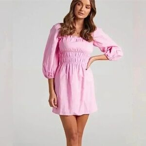 Charlie Holiday Pink Linen Cottagecore Puff Sleeve Mini Dress Sz 8